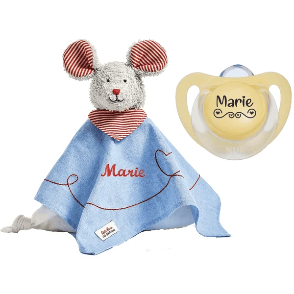 Schnullireich Geschenkset Käthe Kruse Schmusetuch Mit Namen Maus + NUK Namensschnuller (0-6 Mon) Blau 2 Schnullireich Geschenkset Käthe Kruse Schmusetuch Mit Namen Maus + NUK Namensschnuller (0-6 Mon) Blau – Bild 2